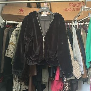 Black Faux fur zip up jacket with hood size large